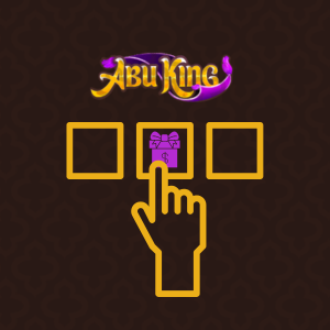 En hånd peker på den midterste av tre firkanter som inneholder et gavesymbol under AbuKing-logoen.