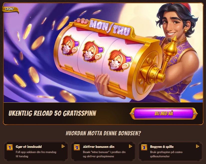 Banner for Ukentlig Reload-bonus som viser premien og hvordan du henter den.