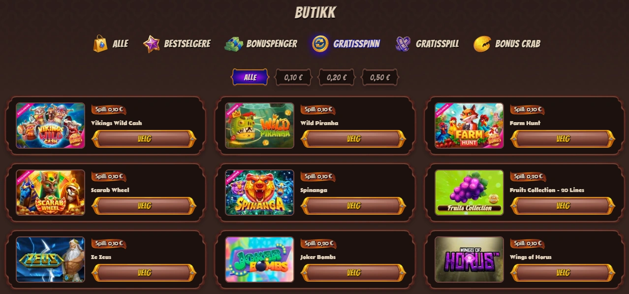 AbuKing Casino sin bonusbutikk som viser gratisspinn-bonuser.