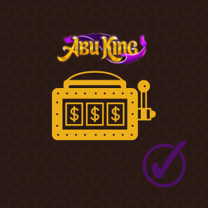 AbuKing-logo med spilleautomat og dollartegn, avhukingsikon på brun bakgrunn.