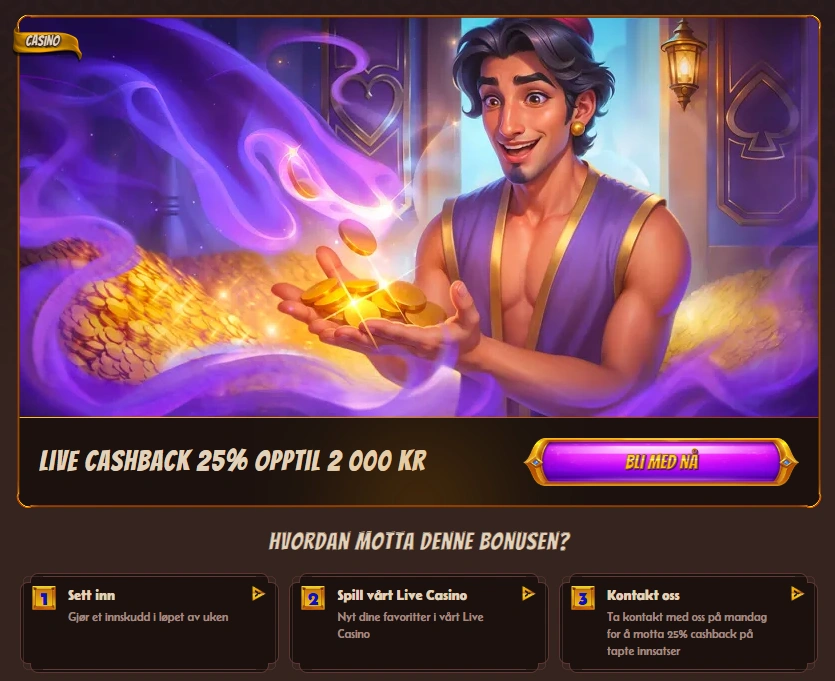 Banner for live casino cashback som viser premien og hvordan du får den.