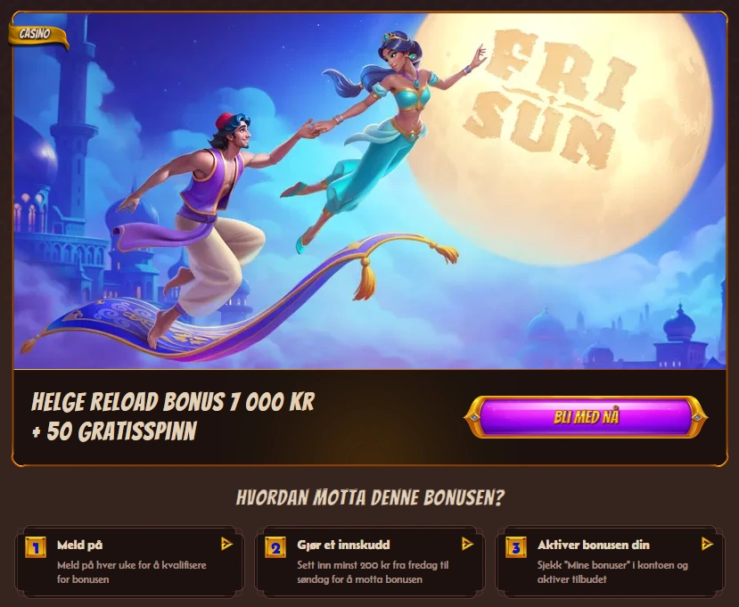 Banner for reload bonus i helgen som viser belønningen og hvordan du kan gjøre krav på den.