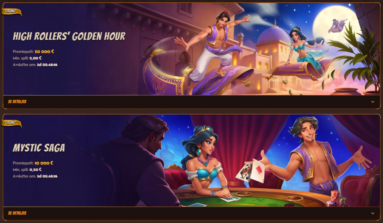 AbuKing Casino sin turneringsside viser to aktive arrangementer.
